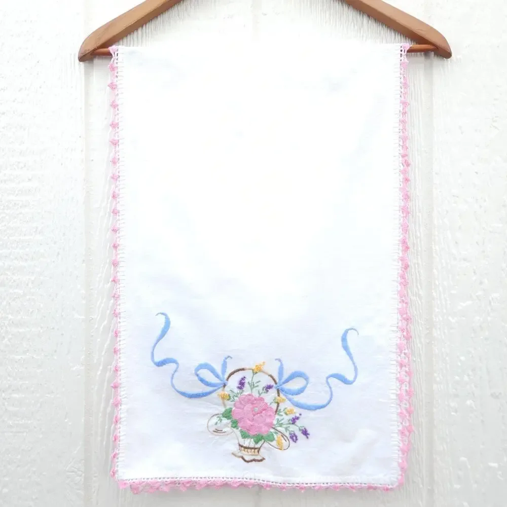 Vtg Table Runner Pink Floral Basket Cotton Embroidery MCM Valentine Shabby 13x41